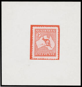 ½d half-tone proof of a Type 3a essay (with Value Tablet at Upper-Left & "Rabbit Ears") in red on highly surfaced white paper (72x76mm) BW #KE34, Cat $10,000. Ex Kevin Nelson & Arthur Gray. Chris Ceremuga Certificate (2012). The ACSC states that only four