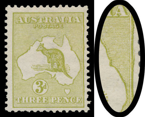 3d olive Die I with minor Doubling of the Design most evident at the upper-right margin & along the Queensland coast, the gum a little aged. Unlisted in the ACSC & stated to be the only mint example recorded, along with a single used stamp.