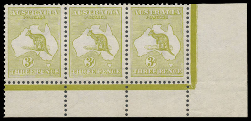 3d olive Die I No Monogram strip of 3 from the rigt-hand pane with Early States of Break in Top Frame above 'ST' of 'AUSTRALIA' & White Flaws below 'CE' of 'PENCE' BW #12(1)za, the gum a little aged, Cat $6000. Very scarce: absent from Arthur Gray's colle