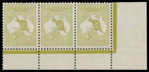 3d olive Die I No Monogram strip of 3 from the rigt-hand pane with Early States of Break in Top Frame above 'ST' of 'AUSTRALIA' & White Flaws below 'CE' of 'PENCE' BW #12(1)za, the gum a little aged, Cat $6000. Very scarce: absent from Arthur Gray's colle