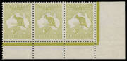 3d olive Die I No Monogram strip of 3 from the rigt-hand pane with Early States of Break in Top Frame above 'ST' of 'AUSTRALIA' & White Flaws below 'CE' of 'PENCE' BW #12(1)za, the gum a little aged, Cat $6000. Very scarce: absent from Arthur Gray's colle