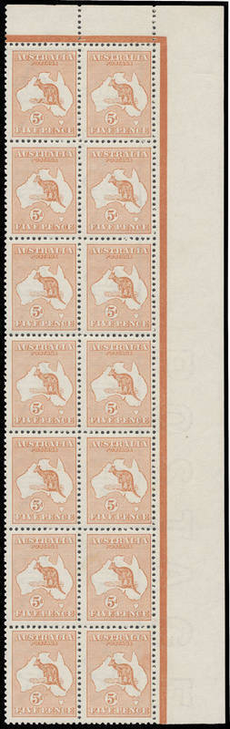 5d chestnut Plate 2 upper-right corner block of 14 (2x7) with Snake in the Grass & Small Void at Upper-Right BW #16(2)e and Retouch off Queensland Coast #16(2)f, variable centring, very minor gum disturbance on a few units, unmounted, Cat $7700++. Adverti