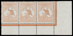 5d chestnut No Monogram strip of 3 from the right-hand pane the last unit with Damaged Frame above 'ST' of 'AUSTRALIA' BW #16(1)za, well centred, a few short perfs at left & a thin spot on the central unit, no gum, Cat $11,000. Ex Arthur Gray.