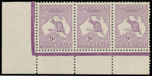9d violet No Monogram strip of 3 from the left-hand pane BW 24(1)z, a pulled perf at right, the gum a trifle aged, unmounted, Cat $40,000. A very rare & desirable item: Hugh Morgan's strip sold on 13/11/2012 for £15,600.