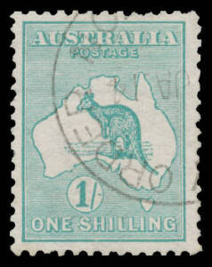 1/- blue-green with the Watermark Inverted BW #30a showing watermark lines from the corner of the sheet, light 'MONEY ORDER/--JA14/KYNETON' (Vic) cds, Cat $500. One of the finest commercially used examples we have seen.