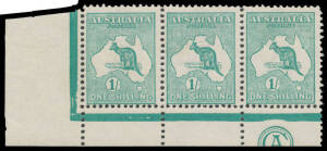 1/- emerald 'CA' Monogram strip of 3 BW #30(2)z guillotined through the monogram, the gum a trifle aged, the last unit with a hinge remainder, the other units are unmounted, Cat $12,000. [Hugh Morgan's similar hinged strip - one unit creased & the monogra