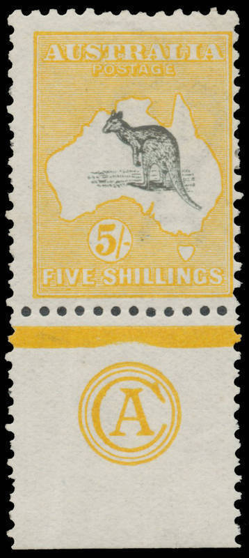 5/- grey & chrome 'CA' Monogram single BW #42za with a huge sheet margin, very fresh but with a few short perfs, faint vertical bend & hinge remainders, Cat $35,000+. Mint 'CA' Monograms are extremely rare: the ACSC records only one mint single. However,