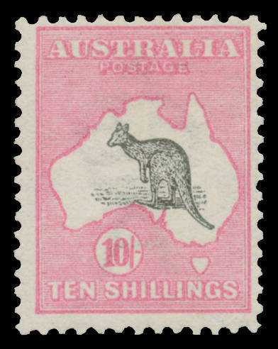 10/- slate-grey & bright pink BW #47B, unmounted, Cat $7500. Raybaudi Certificate (1989).