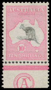 10/- grey & pink 'CA' Monogram single BW #47z, the monogram slightly trimmed at the base (as usual), unmounted, Cat $75,000+ (mounted). [The ACSC states that only three mint examples are recorded, of which this must surely be the finest]