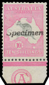 10/- grey & pink 'CA' Monogram single with 'Specimen' Handstamp BW #47xz, the monogram slightly trimmed at the base (as usual) & the corners in the margin clipped, a couple of short perfs & with very little gum. [The ACSC records a 'Specimen' block of 6 w