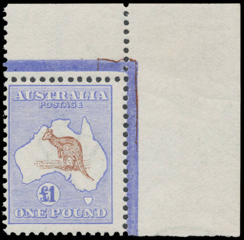 £1 brown & blue BW #51A corner example from the upper-right of the sheet, very fresh with good colours & perfs, unmounted, Cat $15,000.
