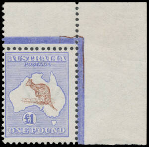 &pound;1 brown & blue BW #51A corner example from the upper-right of the sheet, very fresh with good colours & perfs, unmounted, Cat $15,000.
