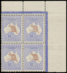 &pound;1 brown & blue BW #51A upper-right corner block of 4, the third unit [R11] with UFO Over Cape York #51(D)k, the gum a little "suntanned" but unmounted!, Cat $60,000+ (as singles). An attractive and very rare block. Our vendor states that only four block