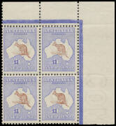 £1 brown & blue BW #51A upper-right corner block of 4, the third unit [R11] with UFO Over Cape York #51(D)k, the gum a little "suntanned" but unmounted!, Cat $60,000+ (as singles). An attractive and very rare block. Our vendor states that only four block