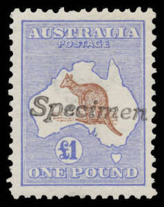 &pound;1 brown & blue with 'Specimen' Handstamp BW #51x, well centred, a couple of short perfs, Cat $950.