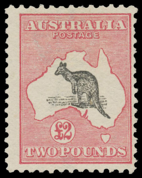 £2 black & rose-carmine with Kangaroo's Foot Broken and Pointed Tail BW #55A(V)n, unmounted, Cat $30,000. Enzo Diena Certificate (1990) states "è perfetto" (= is perfect). Advertised retail "POR".