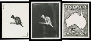SPERATI FORGERIES: &pound;2 stamp-size photographic "proofs" of the Roo (2, one a negative image) & of the Map & Frame all on gloss paper, each with 'SPERATI/REPRODUCTION' h/s on the reverse. [A similar group sold at the Prestige auction of 20/3/2004 for $920]