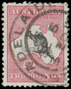 - &pound;2 black & rose-carmine forgery with the tell-tale white flaw off Warrnambool, Adelaide cds, well centred, a couple of short perfs, 'SPERATI/["129"]/REPRODUCTION' h/s on the reverse, Cat $7500. [The &pound;2 Roo was the only Commonwealth of Australia issue pr