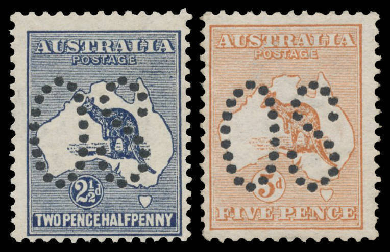PERFORATED LARGE 'OS': PERFORATED LARGE 'OS': 2½d indigo, very lightly mounted & 5d regummed, Cat $925 (mint).