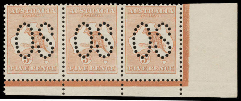 - 5d chestnut No Monogram strip of 3 from the right-hand pane the last unit with Damaged Frame above 'ST' of 'AUSTRALIA' BW #16ba(1)za, aged gum & the first unit with a tonespot that somebody has tried to "improve" otherwise unmounted, Cat $11,000+ (mount
