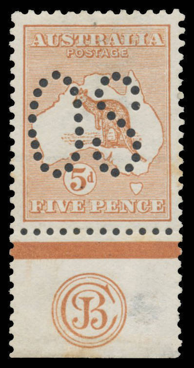 - 5d chestnut 'JBC' Monogram single BW #16ba(2)za, well centred, some toning on the reverse & a surface thin to the right of the monogram, Cat $3500+. Rare.