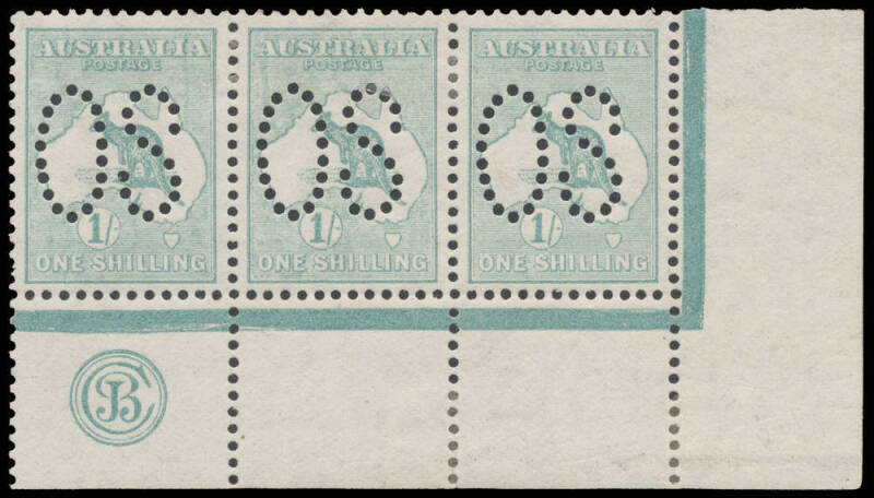 - 1/- pale blue-green 'JBC' Monogram strip of 3 BW #30(2)zb guillotined well clear of the monogram, well centred, lightly mounted, Cat $12,000+. Extremely rare & desirable: only one other strip has been recorded.