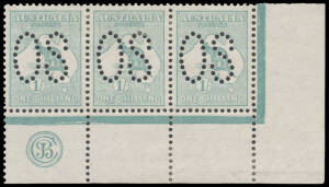 - 1/- pale blue-green 'JBC' Monogram strip of 3 BW #30(2)zb guillotined well clear of the monogram, well centred, lightly mounted, Cat $12,000+. Extremely rare & desirable: only one other strip has been recorded.