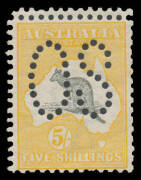 - 5/- grey & chrome-yellow with Double Perforations at the top BW #42Ab, Cat $2000 used but unpriced mint. A "must have" for the collector of Official Stamps. [The ACSC states that Double Perfs are found only on stamps perf Large 'OS']