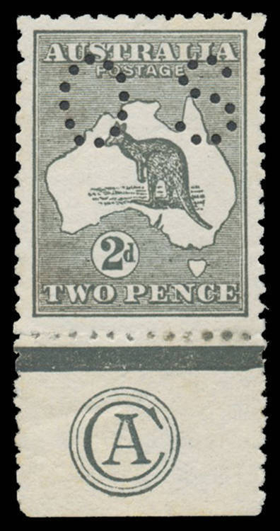 - 2d very deep grey 'CA' Monogram single BW #5(2)za, unusually well centred, a couple of split perfs so neatly reinforced, Cat $1000+