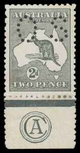 - 2d very deep grey 'CA' Monogram single BW #5(2)za, unusually well centred, a couple of split perfs so neatly reinforced, Cat $1000+