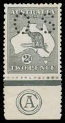 - 2d very deep grey 'CA' Monogram single BW #5(2)za, unusually well centred, a couple of split perfs so neatly reinforced, Cat $1000+