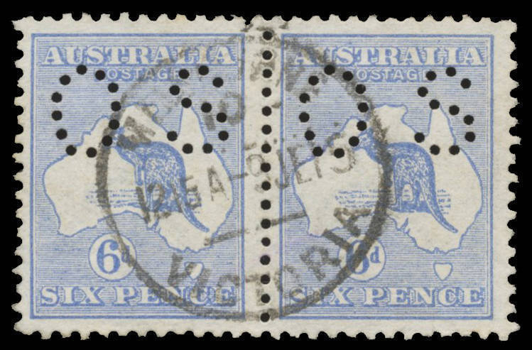 - 6d ultramarine with the Watermark Inverted BW #17abc horizontal pair, well centred, 'MELBOURNE/ 10 /9JL15/VICTORIA' cds. A very rare stamp of which only a handful of examples have been recorded, this believed to be the only recorded multiple. [The ACSC