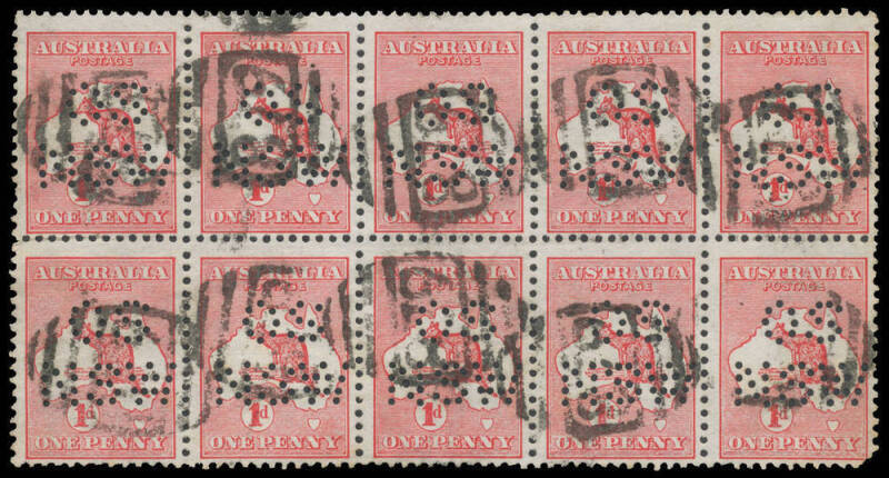 PERFORATED 'OS/NSW': PERFORATED 'OS/NSW': 1d red block of 10 (5x2), corner fault at lower-right, ten strikes of NSW BN '879' of Adamstown.