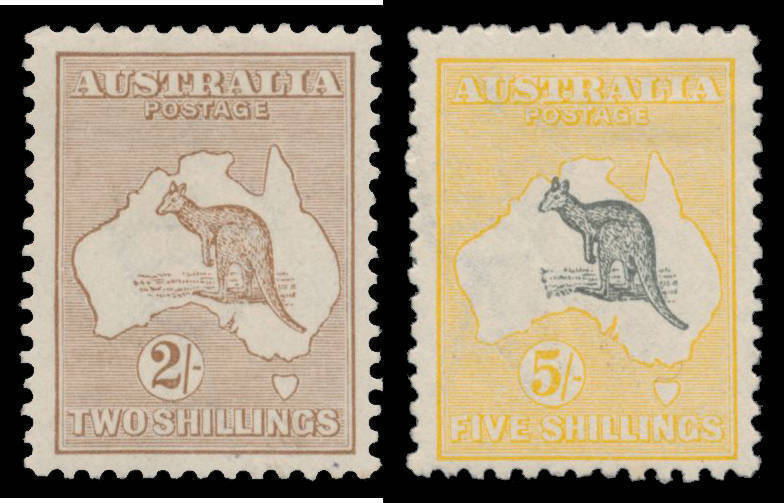 2d grey (a bit aged) to 5/- grey & yellow complete, 2d to 1/- with hinge remainders, the 2/- & 5/- lightly mounted, Cat $4450. Advertised retail $4000+. (7)
