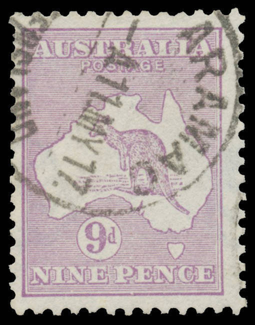 9d violet with the Watermark Inverted BW #25a, well centred, fine 'ARAMAC/11MY17/QUEENSLAND' postal cds, Cat $5000 postally used. The ACSC states "Approximately...two dozen used examples are known".