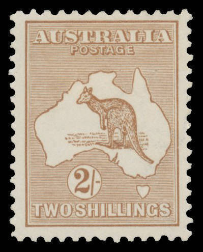 2/- brown, apparently unmounted but it's a clever re-gumming job, Cat $1500 (mounted). Briefmarkenprüfstelle Basel Certificate (2003) states "mint with full original gum is genuine in every respect". [See also Lot 274639]