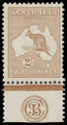2/- brown 'JBC' Monogram single BW #36(2)zc, thinned at the base of the monogram which fortunately does not detract from the very fine facial appearance, Cat $27,500. [The ACSC states that only three mint singles - one in the Australia Post Archives - and