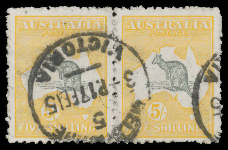 5/- grey & chrome-yellow BW #43B horizontal pair, characteristic rough perfs, Melbourne cds, Cat $1350+. A very scarce multiple.