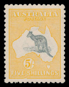 5/- grey & chrome-yellow with the Watermark Inverted BW #43Ba also with Dent in Lower Frame below 'E S' #43(D)m, exceptional centring, central paper inclusion & "suntanned" gum that don't affect the very fine facial appearance, very lightly mounted, Cat $
