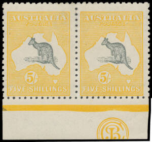 5/- deep grey & chrome-yellow 'JBC' Monogram pair BW #43Bzc, very lightly mounted, Cat $35,000 (for a single). The ACSC states that ten examples are recorded: a strip of 3, a block of 4 in the Royal Collection, four pairs (one in the Royal Collection), a
