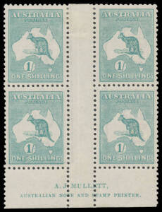 1/- dull blue-green Die IIB Plate 4 Mullett Imprint block of 4 BW #33(3)zd, unusually well centred, Cat $1750.
