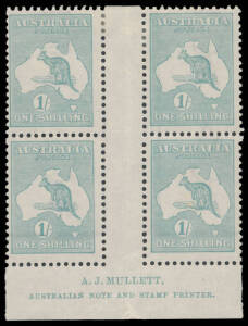 1/- blue-green Die IIB Mullett Imprint block of 4 BW #33(4)zd, the lower units are unmounted, Cat $1750 (mounted). Ex Kevin Nelson & Hugh Morgan.