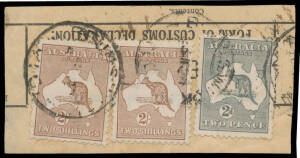 2/- brown x2 & 2d grey tied to small 1924 parcel piece by 'BRUNSWICK/VIC' cds. The rate was 4/2d for an interstate parcel weighing between 7 & 8Lb (pounds).
