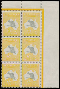 5/- grey-black & chrome-yellow BW #44A block of 6 (2x3) from the upper-right corner of the right-hand pane, the first unit with Spencer Gulf Silted-Up #44(D)j and the fourth unit with Two Breaks in the NSW Coast #44(D)L, the first two units also with obvi