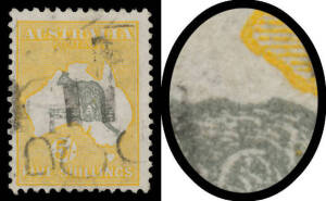 5/- grey & deep yellow as BW #44C with Bite Out of Roo's Back, untidy parcels cancel clear of the variety. Unlisted in the ACSC.