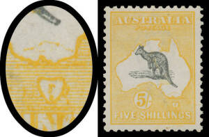5/- grey & chrome with minor Doubling of the Frame Plate, well centred, lightly mounted. The doubling is most evident across South Australia & Victoria and into the Tasman Sea. This stamp may be related to the major Double Print BW #44c illustrated in the