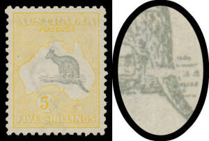 5/- grey & pale yellow with Severed Tail in conjunction with Broken NSW Coast & Break near top of Right-Hand Frame BW #44D(V)d [L2], well centred, unmounted, Cat $2000+. [The ACSC states that the Severed Tail occurs in association with the frame flaws onl