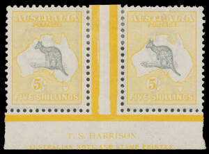 5/- grey & pale yellow Harrison Imprint pair the right-hand unit with Tsunami off NSW Coast BW #44ze, unusually well centred for an imprint piece, small concealed tear at the top of the second unit, minor perf separation at the top has been reinforced wit