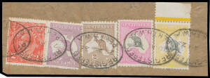 10/- grey & pink + 5/- (marginal), 2/- brown & 9d plus KGV 2d scarlet tied to piece by oval 'REGISTERED/20AU23/PERTH WA' d/s, Cat $650+.