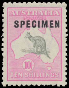 10/- grey & pale "aniline" pink with Type C 'SPECIMEN' Overprint BW #48xb, exceptional centring, a few slightly nibbled perfs & a single tonespot, unmounted. The ACSC does not price this stamp unmounted; mounted is $3250. However, in the 2004 edition, pri